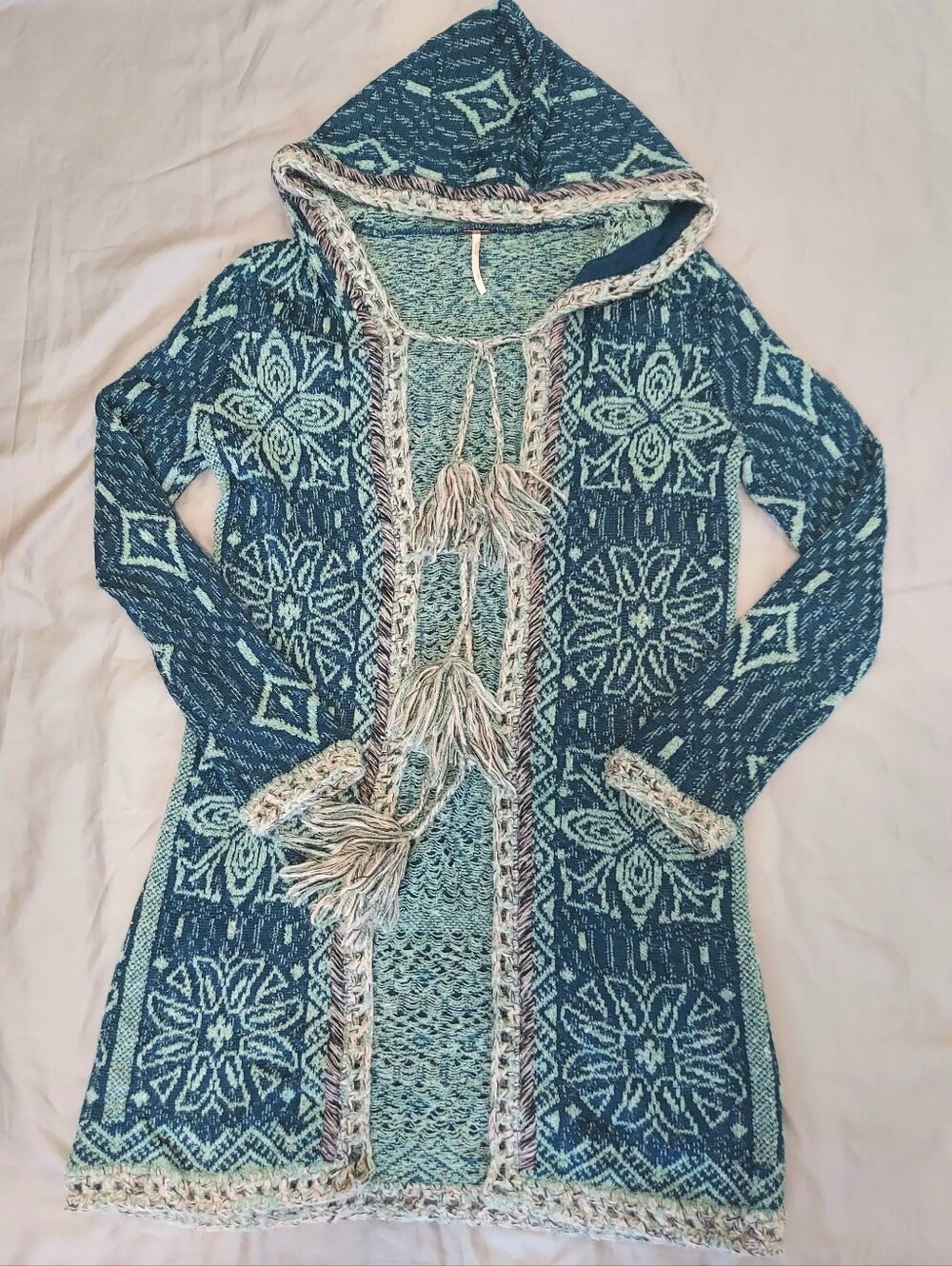 Free People Kai Hooded Knit Tassel Tie Cardigan Sweater Blue Small Boho